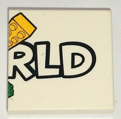 Lego Tile 2 x 2 with LEGO World Logo Right Half, 'RLD' and Bricks Pattern / White
