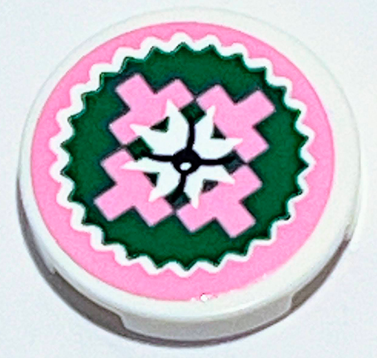 Lego Tile, Round 2 x 2 with Bottom Stud Holder with Cushion with Star, Bright Pink T-Shapes and Black Button on Green Background Pattern (Sticker) - Set 41702