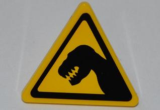 Lego Road Sign 2 x 2 Triangle with Clip with Black Tyrannosaurus rex Head Silhouette Pattern (Sticker) - Set 5887