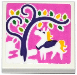 Lego Tile 2 x 2 with Horse and Tree on Dark Pink Background Pattern (Sticker) - Set 41065 / White