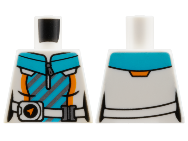 Lego Torso Jacket over Medium Azure Shirt with Collar, White Belt, Silver Zipper, Buckle and Diagonal Stripes Pattern / White
