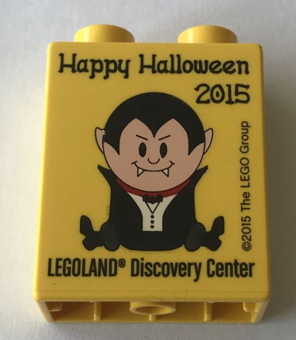 Lego Duplo, Brick 1 x 2 x 2 with Happy Halloween LEGOLAND Discovery Center 2015 Pattern / Yellow