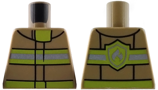 Lego Torso Fire Uniform Jacket with Lime and Silver Reflective Stripes, Belt and Collar Panel, Fire Logo on Back Pattern / Dark Tan
