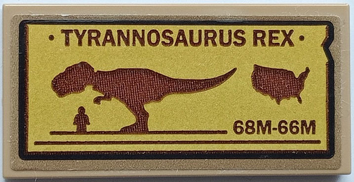 Lego Tile 2 x 4 with 'TYRANNOSAURUS REX', '68M-66M' and Silhouettes of T. rex and Minifigure Pattern (Sticker) - Set 76940 / Dark Tan