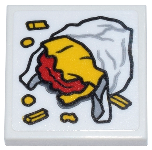 Lego Tile 2 x 2 with White Take Out Wrapper, Red and Yellow Junk Food (Shawarma) and French Fries Pattern (Sticker) - Set 76269 / White