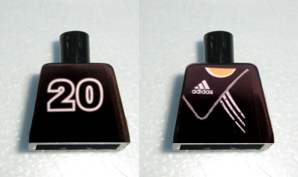 Lego Torso Soccer Uniform Black Shirt with White Adidas Logo, Stripes and Number 20 on Back, Yellow Neck Pattern (Stickers) / Black