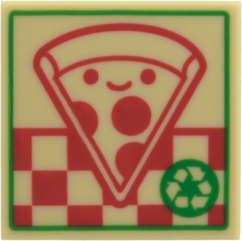 Lego Tile 2 x 2 with Pizza Box with Red Smiling Pepperoni Pizza Slice, Checkered, Green Border and Recycle Symbol Pattern