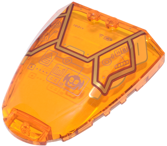 Lego Windscreen 6 x 7 x 1 1/3 with Gold and Dark Red Frame, Copper Head-Up Display (HUD), Battery Indicator and '1001T'  Pattern