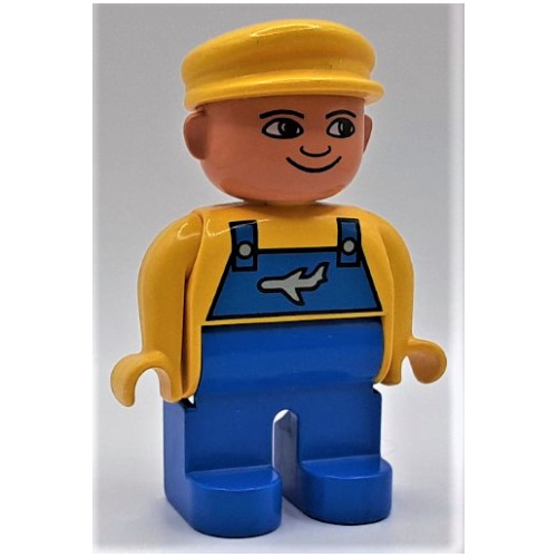 Lego Duplo Figure, Early, with Flat Cap Yellow, Blue Legs, Blue Overalls with Airplane Print