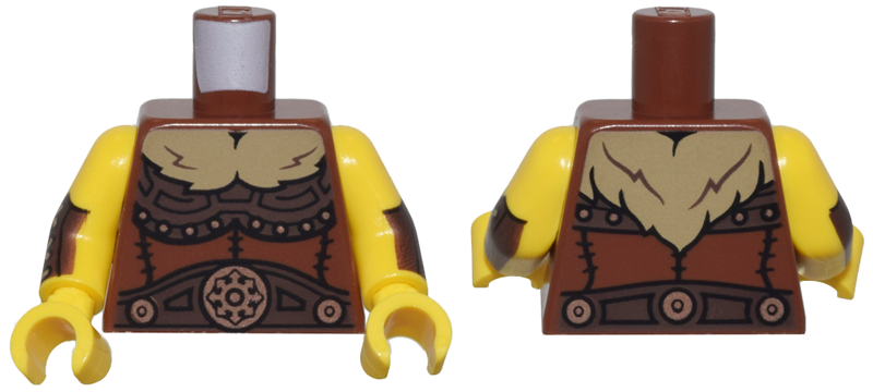 Lego Torso Dark Brown Armor, Copper Emblems and Dark Tan Fur Collar Pattern / Yellow Arms with Dark Brown Bracers Pattern / Yellow Hands