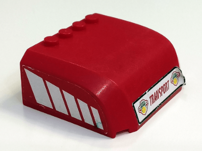 Lego Windscreen 5 x 6 x 2 Curved Top Canopy with 4 Studs with Red 'TRANSPORT' on Front and White Stripes Pattern on Both Sides (Stickers) - Set 7747