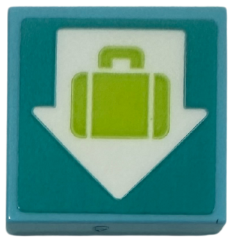 Lego Tile 2 x 2 with White Down Arrow and Lime Suitcase on Dark Turquoise Background Pattern (Sticker) - Set 42656