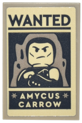 Lego Tile 2 x 3 with Poster with Tan 'WANTED' Poster, Minifigure on Black Background and 'AMYCUS CARROW' Pattern (Sticker) - Set 76471