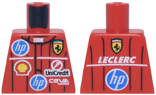 Lego Torso Racing Suit with Black Lines, CEVA, Ferrari, HP, IBM, Shell and UniCredit Logos, White 'LECLERC' on Back Pattern / Red