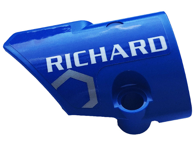Lego Technic, Panel Fairing # 1 Small Smooth Short, Side A with White 'RICHARD' and Silver Race Pattern (Sticker) - Set 42123 / Blue