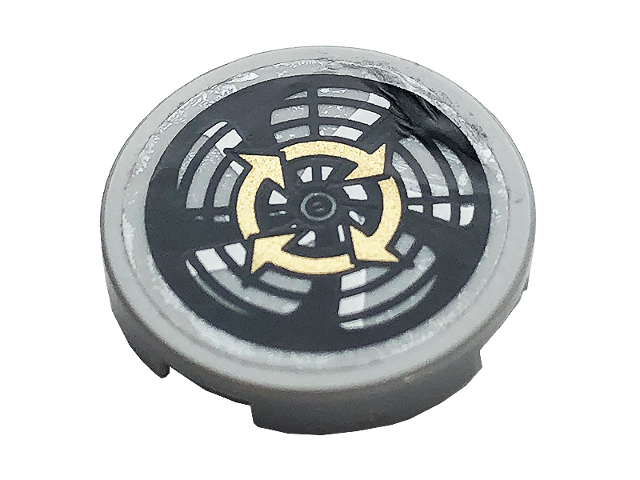 Lego Tile, Round 2 x 2 with Bottom Stud Holder with Four Gold Arrows and Ventilation Fan Pattern (Sticker) - Set 60141