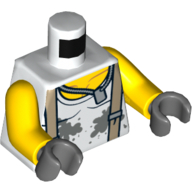 Lego Torso, Vest, Gray Splotches Tan Straps, Chain with Dog Tag Print, Yellow Arms, Dark Bluish Gray Hands [Plain] / White