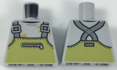 Lego Torso Overalls Olive Green with Zipper over Shirt with Dirt Stains Pattern / Light Bluish Gray