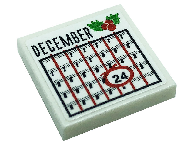Lego Tile 2 x 2 with Calendar with Black 'DECEMBER', Number 24 and Holly with Berries Pattern (Sticker) - Set 10275