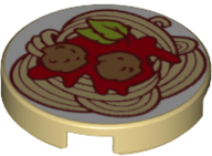 Lego Tile, Round 2 x 2 with Bottom Stud Holder with Spaghetti Meatballs Pattern