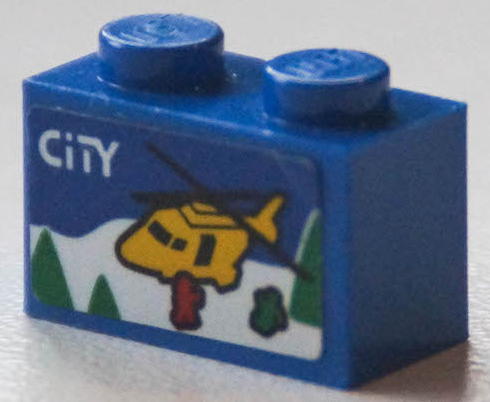 Lego Brick 1 x 2 with 'CITY', Yellow Rescue Helicopter, Snow, Trees and Red Minifigure Silhouette Pattern (Sticker) - Set 40346 / Blue