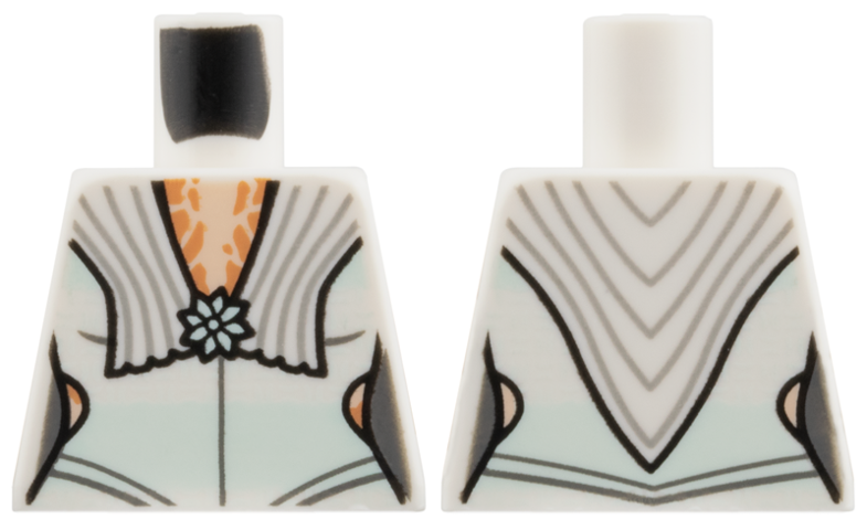 Lego Torso SW Light Aqua Jumpsuit over Light Nougat Blouse, Collar and Brooch Pattern / White