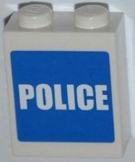 Lego Brick 1 x 2 x 2 with Inside Stud Holder with White 'POLICE' on Blue Background Pattern (Sticker) - Set 7498 / White