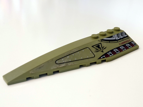 Lego Wedge 12 x 3 Left with Gears, 'WARNING' and Tornado in Triangle Pattern (Sticker) - Set 70164 / Olive Green