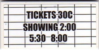 Lego Tile 2 x 4 with 'TICKETS 30C SHOWING 2:00 5:30 8:00' on Black Grid Pattern (Sticker) - Set 10232