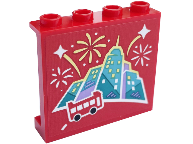 Lego Panel 1 x 4 x 3 with Side Supports - Hollow Studs with Bus, Skyline and White and Bright Light Yellow Fireworks Pattern Model Right Side (Sticker) - Set 60407 / Red