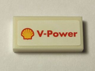 Lego Tile 1 x 2 with Shell Logo and 'V-Power' Pattern (Sticker) - Set 40195 / White