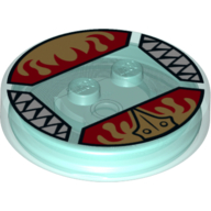 Lego Function Brick Round 4 x 4 x 2/3 with 2 Studs and Gold Chima Eagle Symbol and Red Fire Print / Trans-Light Blue