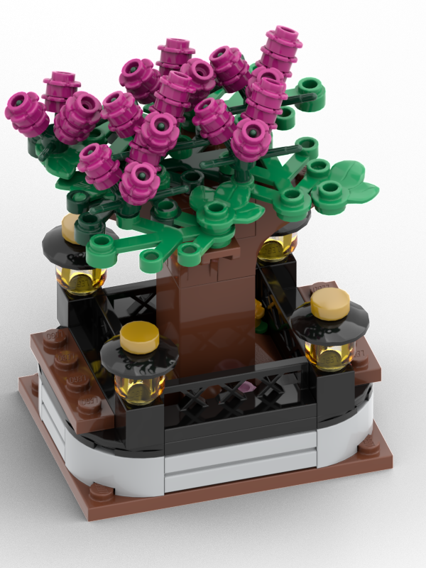Lego Small Tree in planter with benches and lanterns.