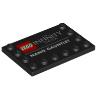Lego Plate Special 4 x 6, Studs on 3 Edges with LEGO Logo, 'THE INFINITY SAGA', and 'NANO GAUNTLET' Print / Black