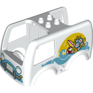Lego Duplo Van Body with 4 Studs on Top with Sea, Surfboard, and Flowers Print / White