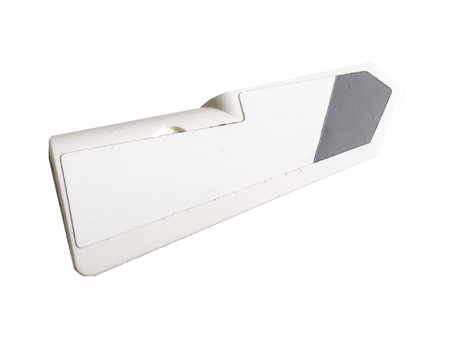 Lego Technic, Panel Fairing #21 Very Small Smooth, Side B with Dark Bluish Gray Stripe and White Background Pattern (Sticker) - Set 42096 / White