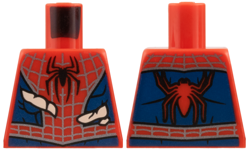 Lego Torso Spider-Man Costume, Black Spider, Silver Webbing, Dark Blue Side Panels, Light Nougat Skin Behind Tears Pattern / Red