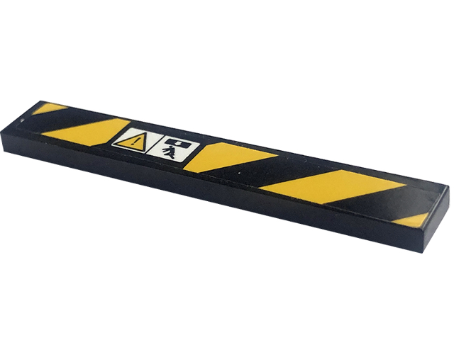 Lego Tile 1 x 6 with Black and Yellow Danger Stripes, Crush Zone and Exclamation Mark in Warning Triangle Pattern Model Left Side (Sticker) - Set 42094 / Black