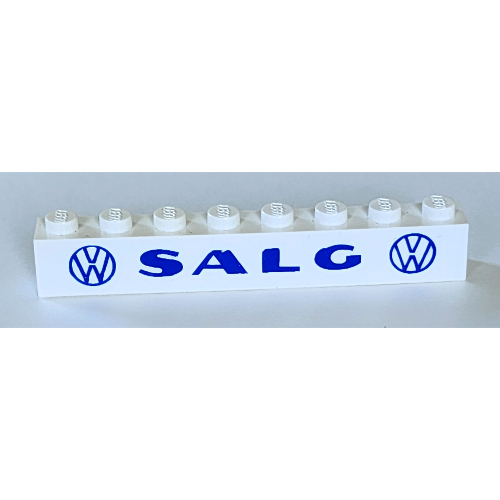 Lego Brick 1 x 8 with 'VW SALG VW' Bold Blue Print / White