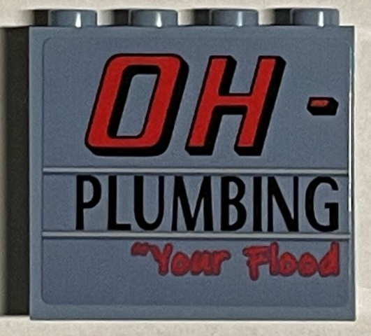 Lego Panel 1 x 4 x 3 with Side Supports - Hollow Studs with 'OH-', 'PLUMBING' and 'Your Flood' Pattern Model Front Left Side (Sticker) - Set 21330