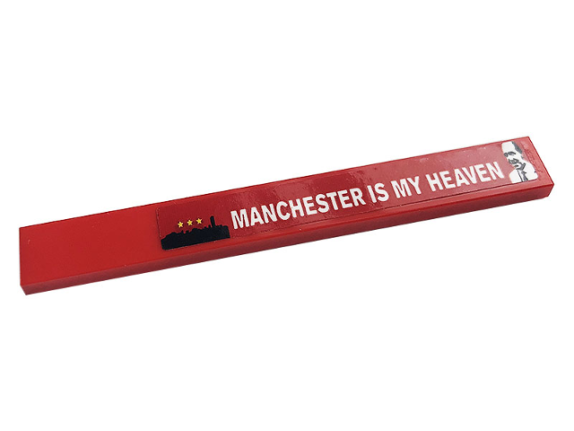 Lego Tile 1 x 8 with Yellow Stars over Black Skyline, White 'MANCHESTER IS MY HEAVEN', and Picture of Sir Matt Busby Pattern (Sticker) - Set 10272 / Red