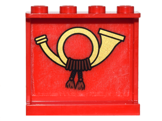 Lego Panel 1 x 4 x 3 with Side Supports - Hollow Studs with Gold Mail Horn Pattern (Sticker) - Set 10222 / Red