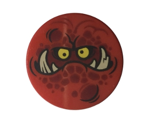 Lego Tile, Round 2 x 2 with Bottom Stud Holder with Globlin Face with Large Teeth Pattern / Red