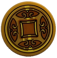 Lego Tile, Round 2 x 2 with Bottom Stud Holder with Dark Orange Shapes (Coin) Pattern / Pearl Gold