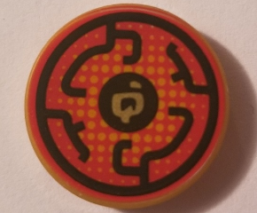 Lego Tile, Round 2 x 2 with Bottom Stud Holder with Black Circular Lines on Red Background Pattern / Pearl Gold
