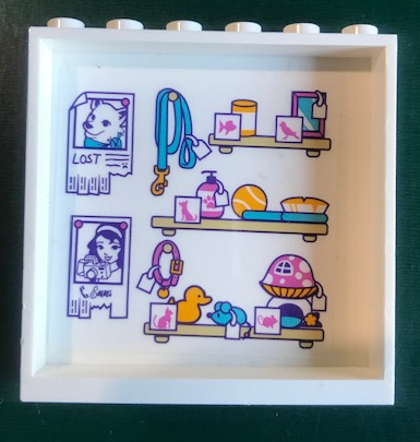 Lego Panel 1 x 6 x 5 with Hanging Leash, Pet Supplies on Shelves, 'Emma' and 'LOST' Posters Pattern on Inside (Sticker) - Set 41345