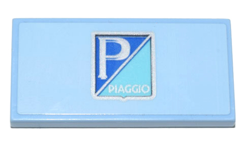 Lego Tile 2 x 4 with Blue and Medium Azure Banner, Silver 'PIAGGIO' and Letter P Logo on Bright Light Blue Background Pattern (Sticker) - Set 10298 / Bright Light Blue