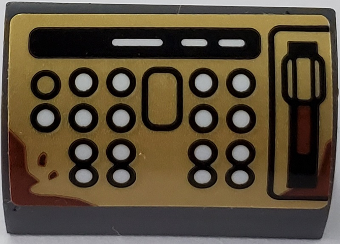 Lego Slope, Curved 1 x 2 with Bottom Stud Holder with Buttons and Lever on Pearl Gold Background Pattern (Sticker) - Set 75978