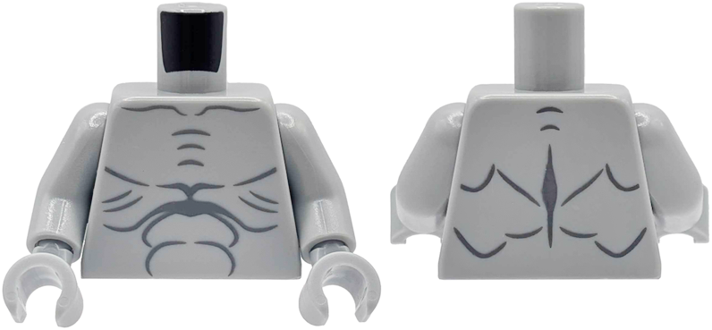 Lego Torso with Dark Bluish Gray Muscles Outline, Collar Bones and Skin Folds Pattern / Light Bluish Gray Arms / Light Bluish Gray Hands