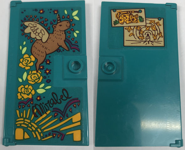 Lego Door 1 x 4 x 6 with Stud Handle with Drawings, Capybara (Chispi), Roses, Sun and 'Mirabel' Pattern (Stickers) - Set 43202 / Dark Turquoise